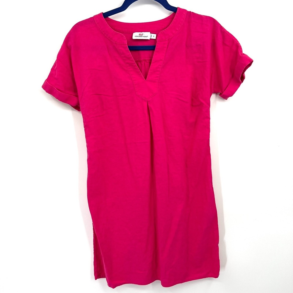 Vineyard Vines hot pink linen rayon shift dress coastal preppy New England 0‎